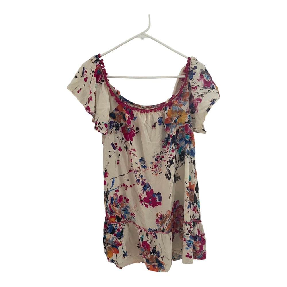 Umgee Floral Off the Shoulder Pom Pom  Ruffle Hem Flutter Sleeve Boho Top Cream
